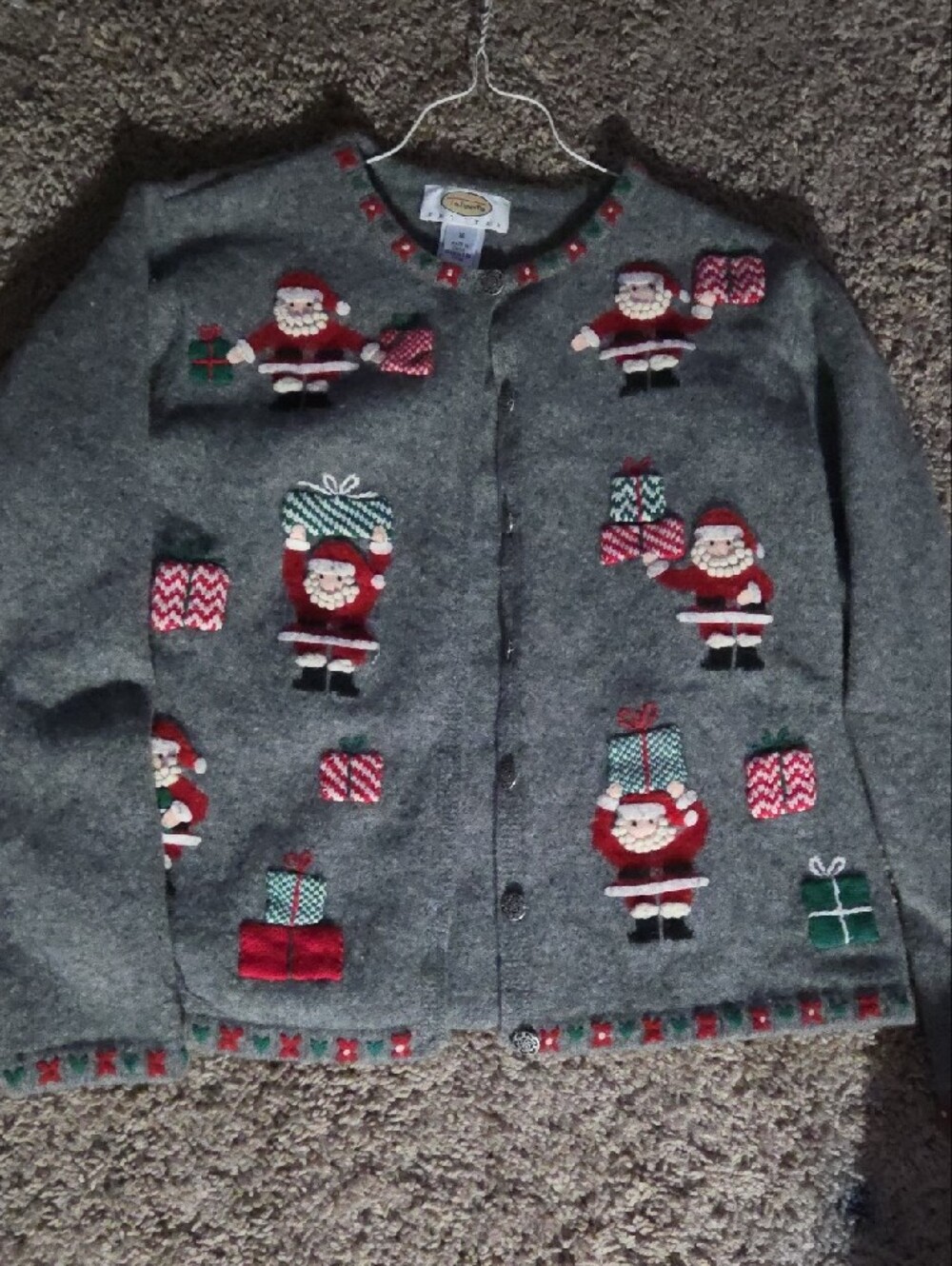 TALBOTS Vintage-Style Santa Cardigan Jacket - Gray with Red & Green, Size Med